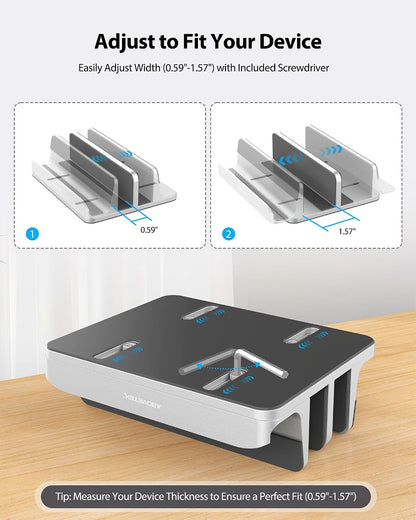 Vertical Laptop Stand, 3 Slots Aluminum Desk Laptop Holder & Laptop Docking Station Stand for MacBook, Tablet, Phone - Universal Fit (Up to 17.3") - Heavy Duty Polished, Anti Slide - Grey