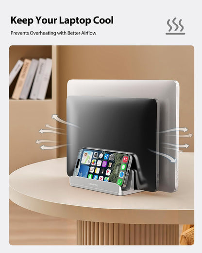 Vertical Laptop Stand, 3 Slots Aluminum Desk Laptop Holder & Laptop Docking Station Stand for MacBook, Tablet, Phone - Universal Fit (Up to 17.3") - Heavy Duty Polished, Anti Slide - Grey