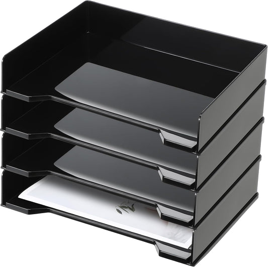 4 Pcs Stackable Letter Tray Plastic Paper Tray, Black