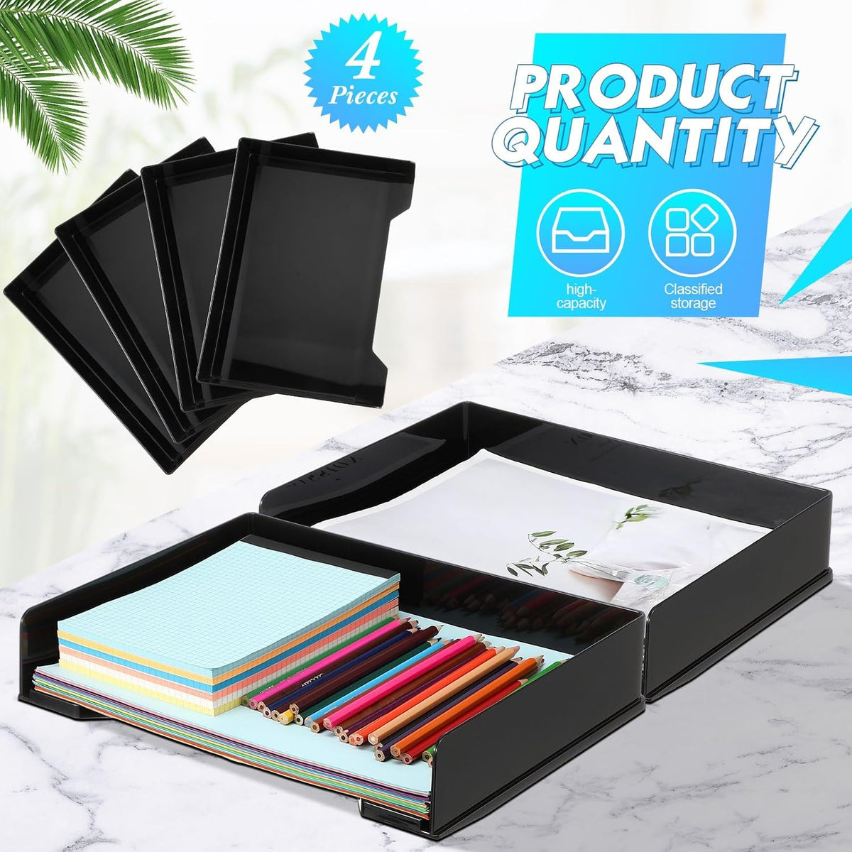 4 Pcs Stackable Letter Tray Plastic Paper Tray, Black