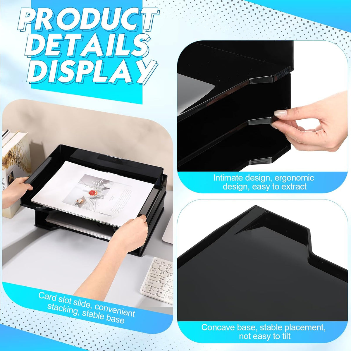 4 Pcs Stackable Letter Tray Plastic Paper Tray, Black