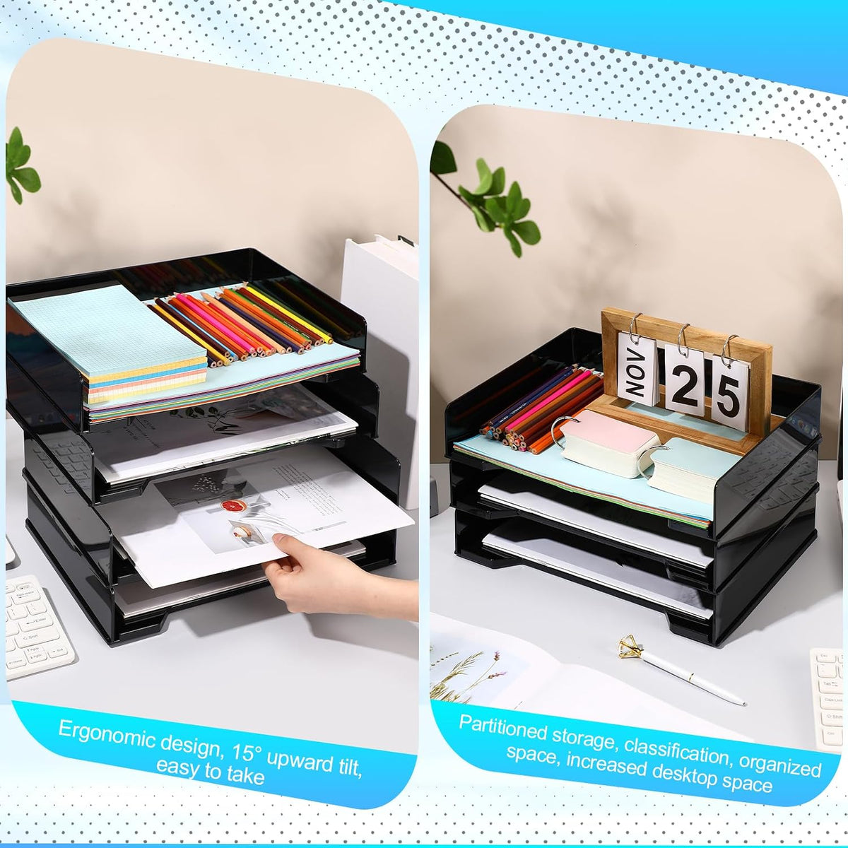 4 Pcs Stackable Letter Tray Plastic Paper Tray, Black