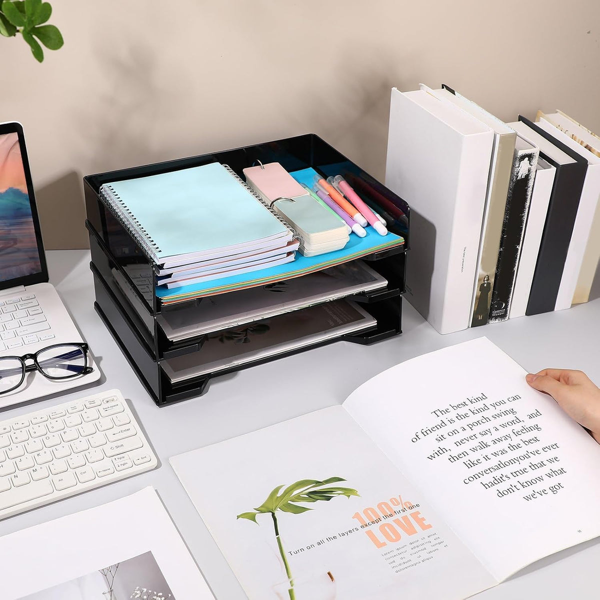 4 Pcs Stackable Letter Tray Plastic Paper Tray, Black