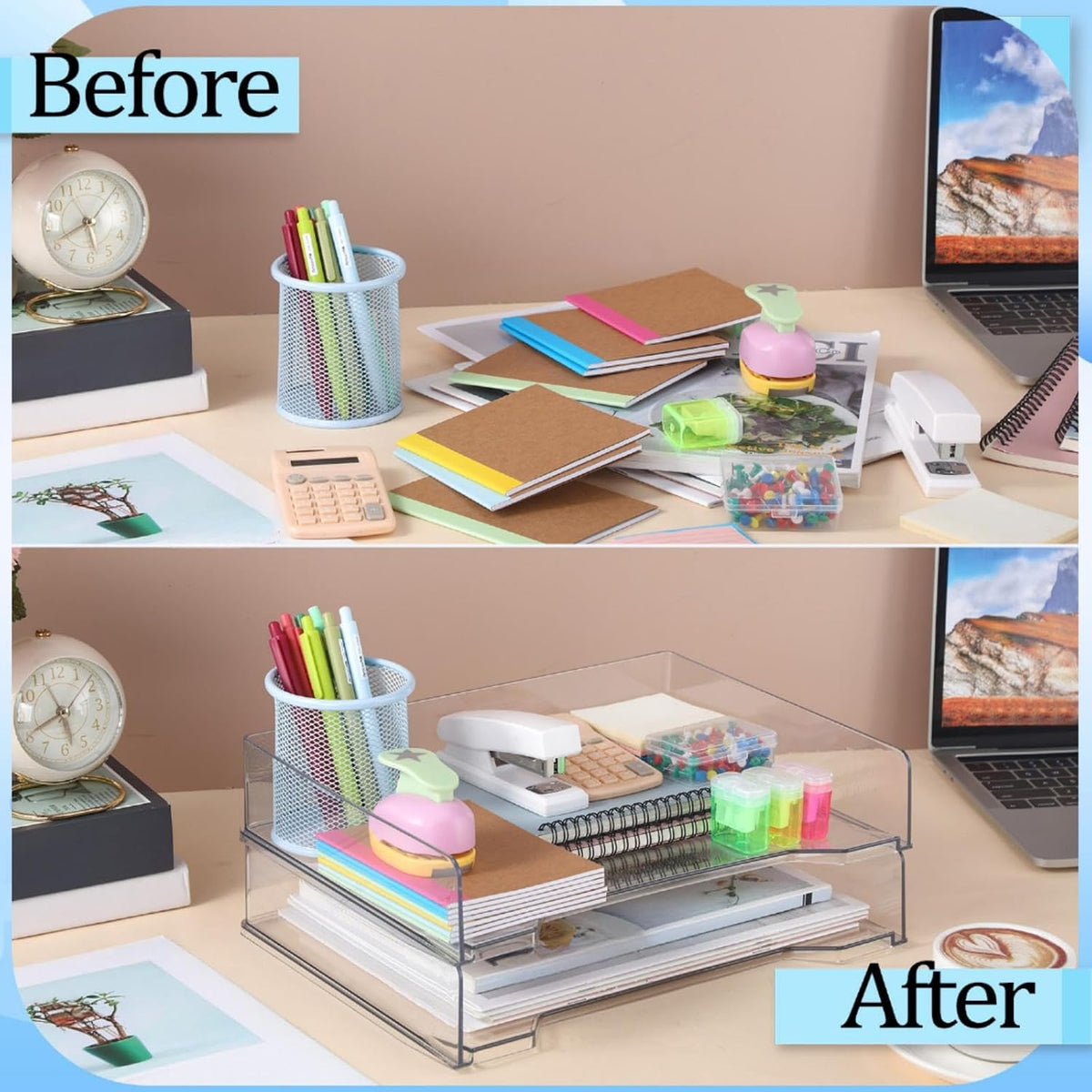 4 Pcs Stackable Letter Tray Plastic Paper Tray, Black
