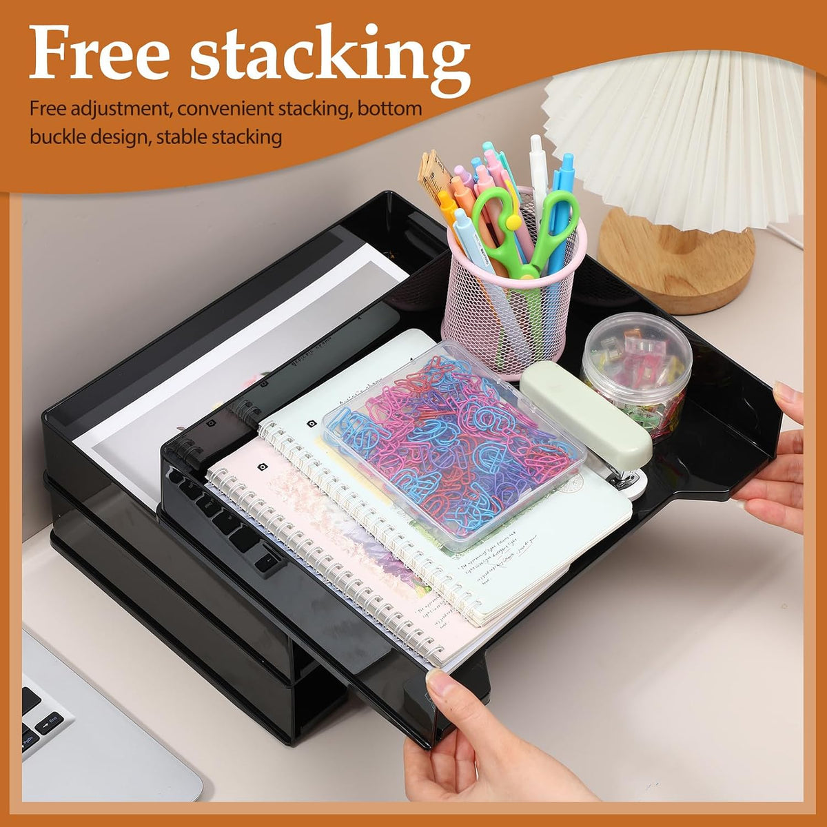 4 Pcs Stackable Letter Tray Plastic Paper Tray, Black