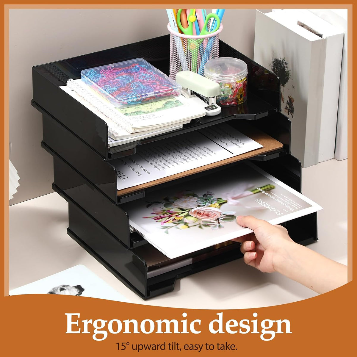 4 Pcs Stackable Letter Tray Plastic Paper Tray, Black