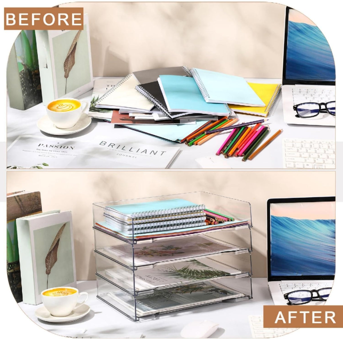 4 Pcs Stackable Letter Tray Plastic Paper Tray, Black