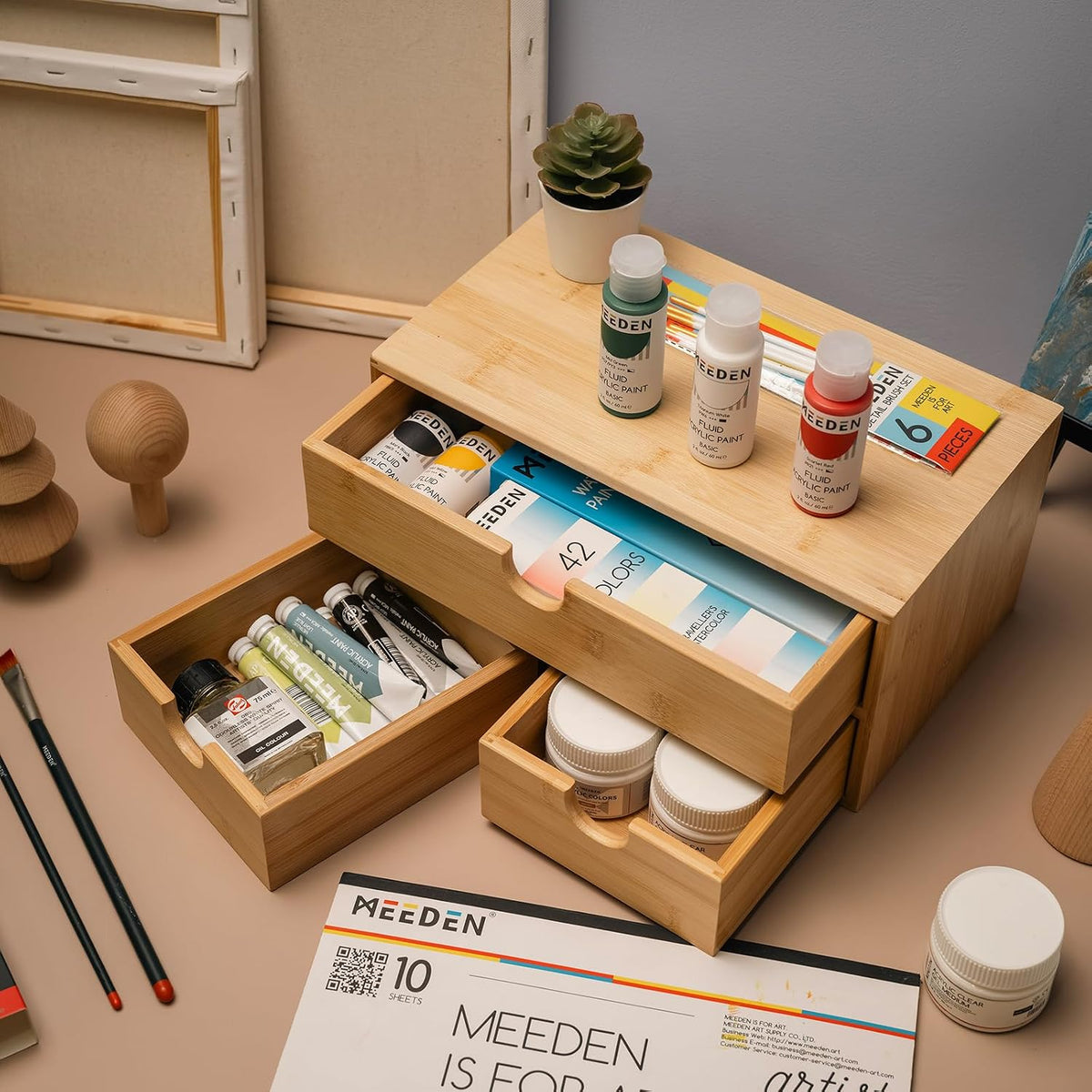 Bamboo Desk Organizer with Drawers: Desktop Storage Container
