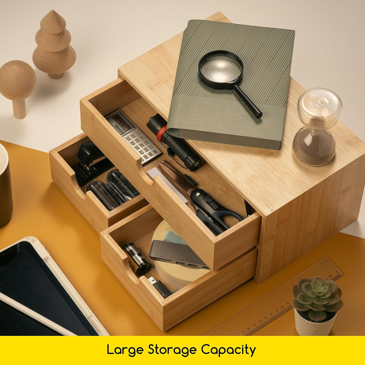 Bamboo Desk Organizer with Drawers: Desktop Storage Container