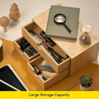 Bamboo Desk Organizer with Drawers: Desktop Storage Container