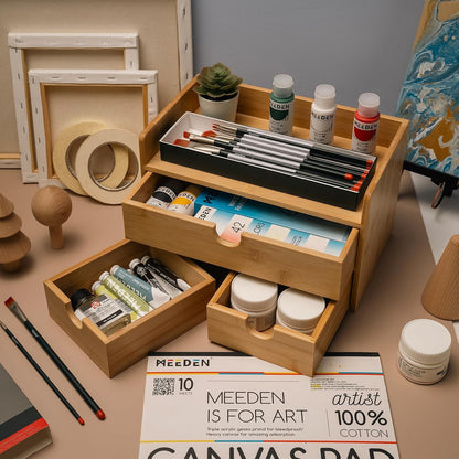 Bamboo Desk Organizer with Drawers: Desktop Storage Container