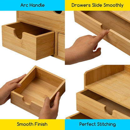Bamboo Desk Organizer with Drawers: Desktop Storage Container