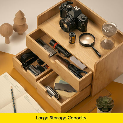 Bamboo Desk Organizer with Drawers: Desktop Storage Container