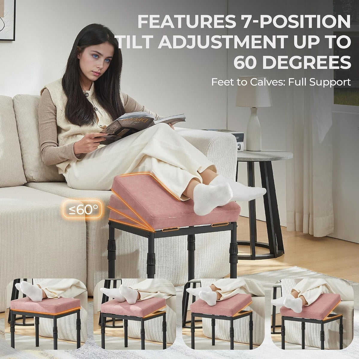 Adjustable Ottoman Pouf, 60 Degree Tilt Footrest, Pink Faux Suede