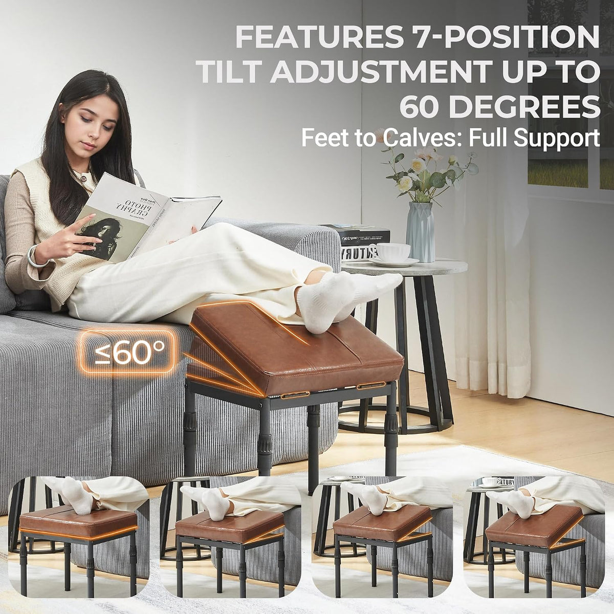 Adjustable Ottoman Pouf, 60 Degree Tilt Footrest, Pink Faux Suede