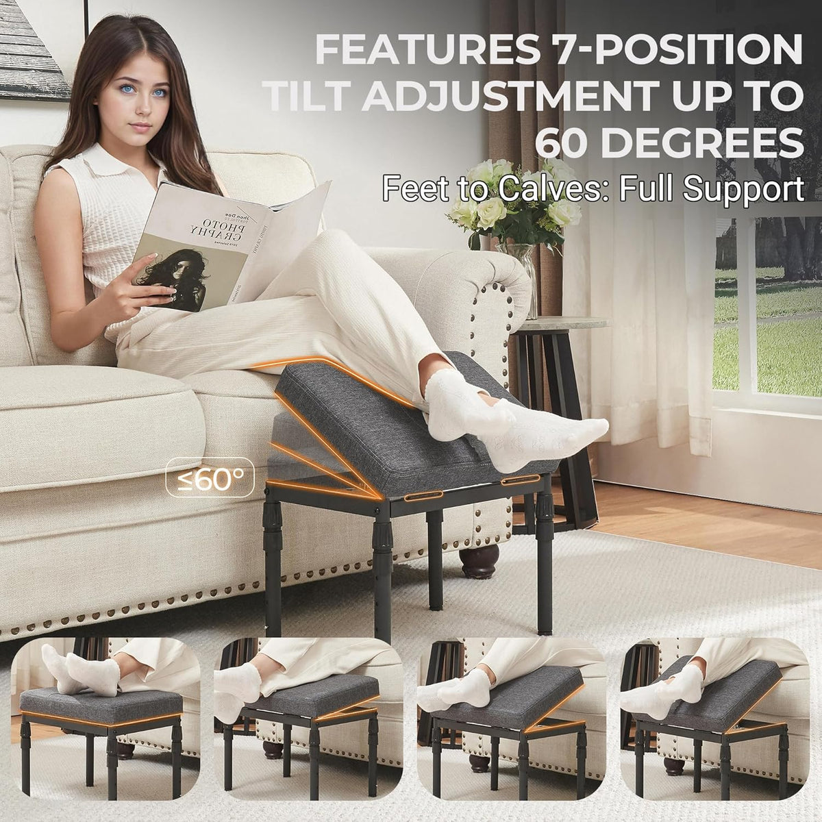 Adjustable Ottoman Pouf, 60 Degree Tilt Footrest, Pink Faux Suede