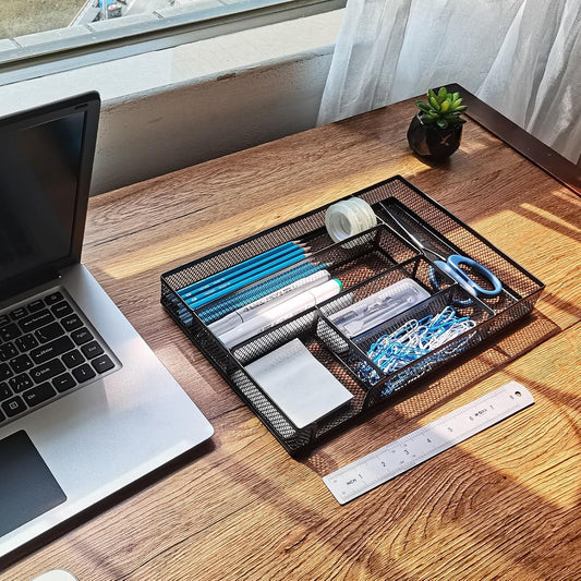 Metal Mesh Drawer Organizer, 6-Compartment Office Tray, Black