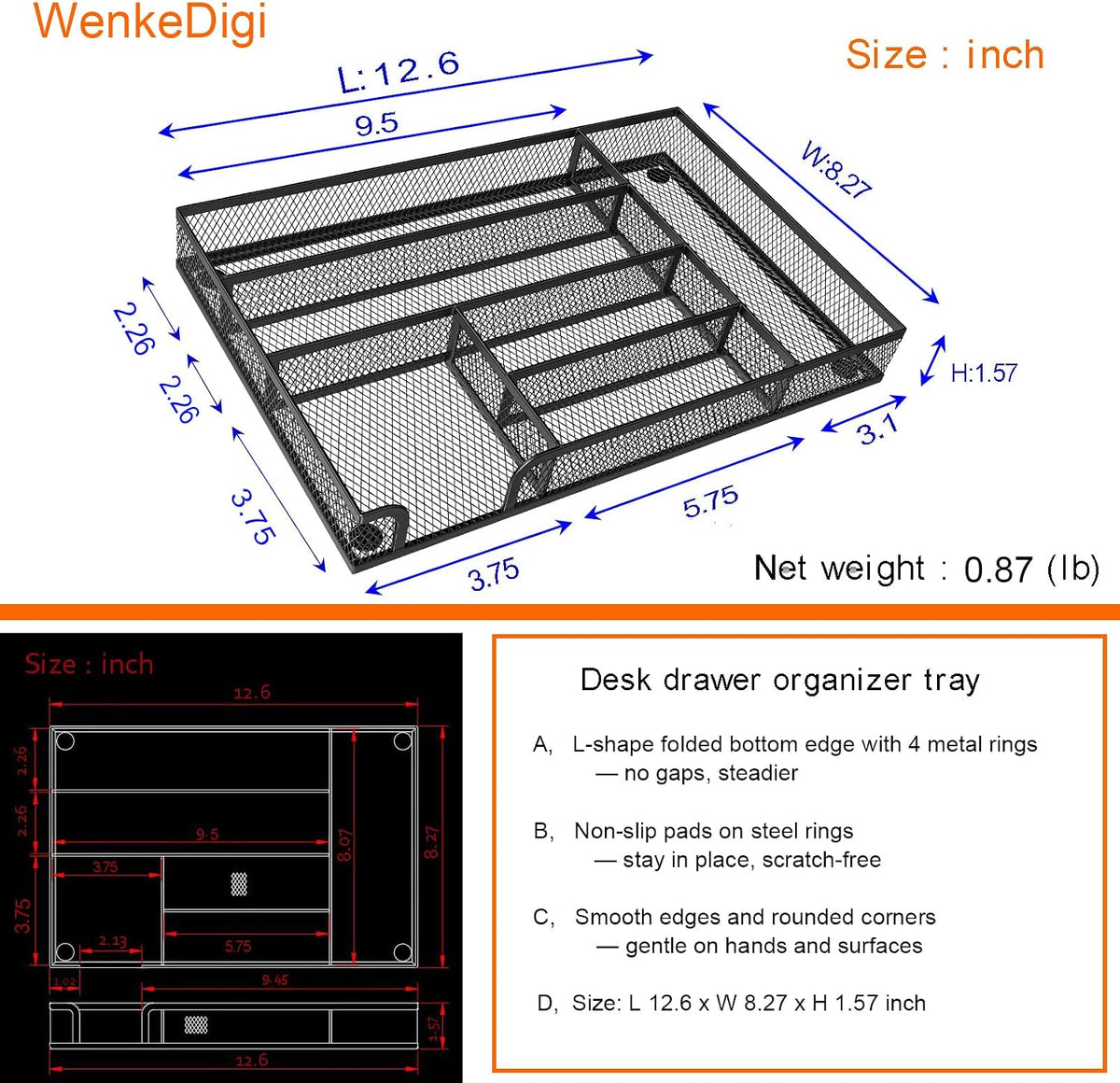 Metal Mesh Drawer Organizer, 6-Compartment Office Tray, Black
