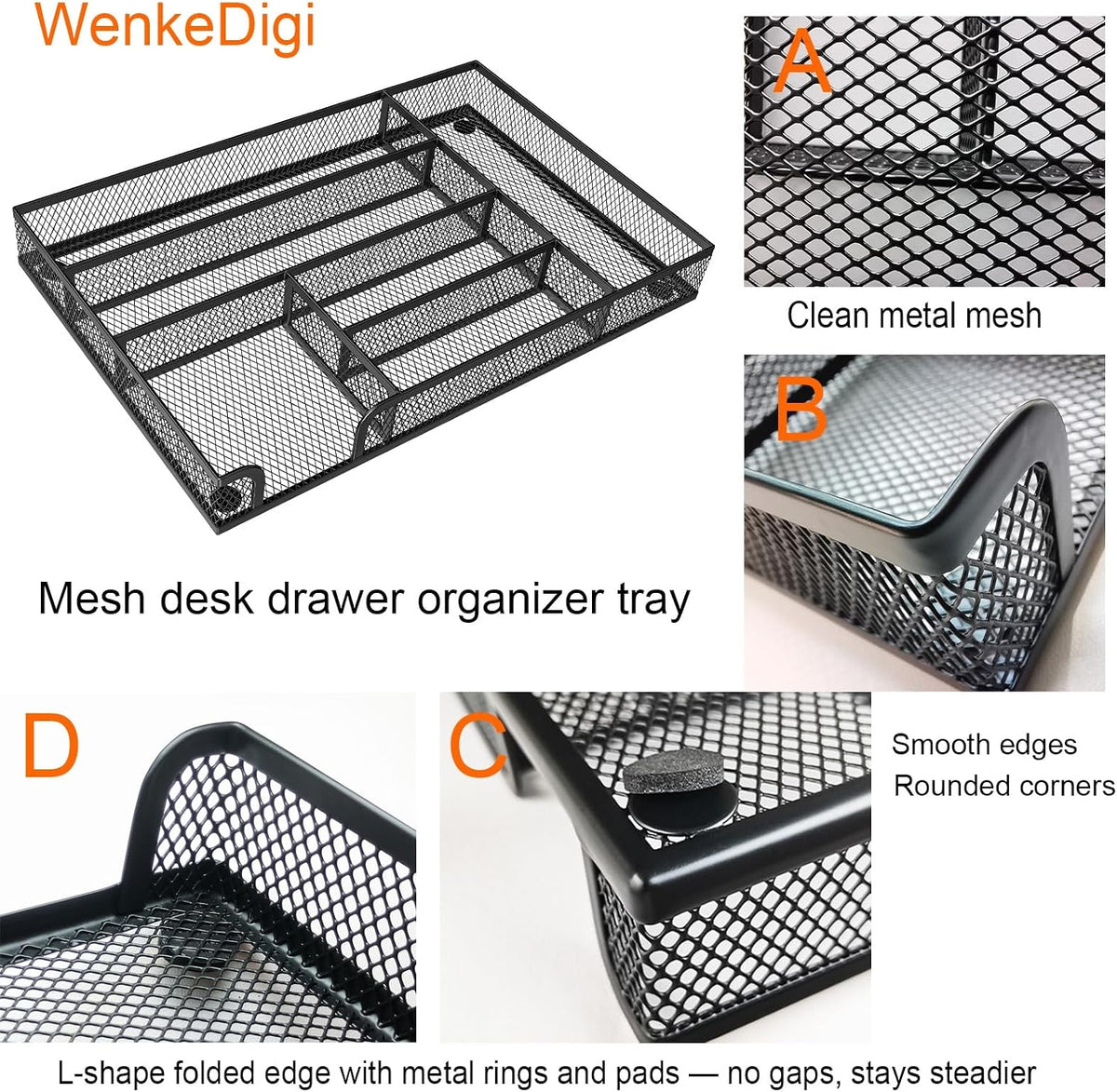 Metal Mesh Drawer Organizer, 6-Compartment Office Tray, Black