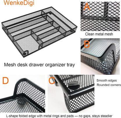 Metal Mesh Drawer Organizer, 6-Compartment Office Tray, Black