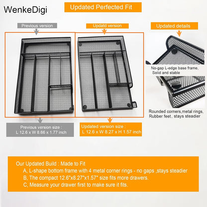Metal Mesh Drawer Organizer, 6-Compartment Office Tray, Black