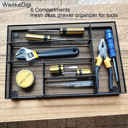 Metal Mesh Drawer Organizer, 6-Compartment Office Tray, Black