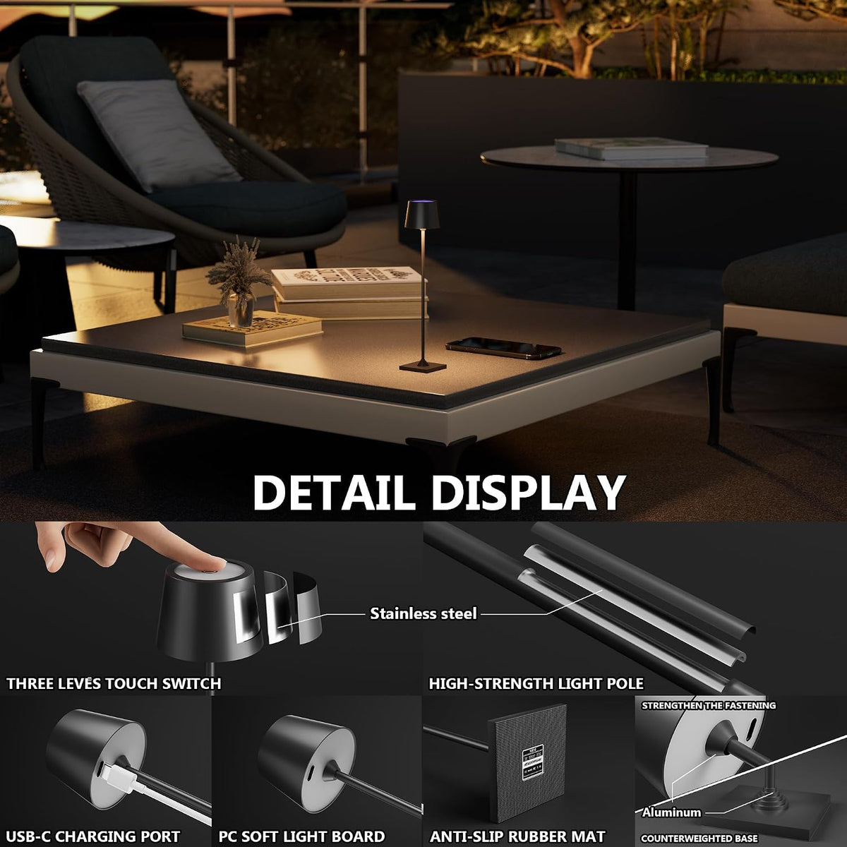 Compact Cordless Table Lamp, Rechargeable LED Night Light, Dual Light Source (RGB Top & Warm Bottom), Touch Control & Timer, Metal Lamp for Bedroom & Kids Room (Black 1pack)