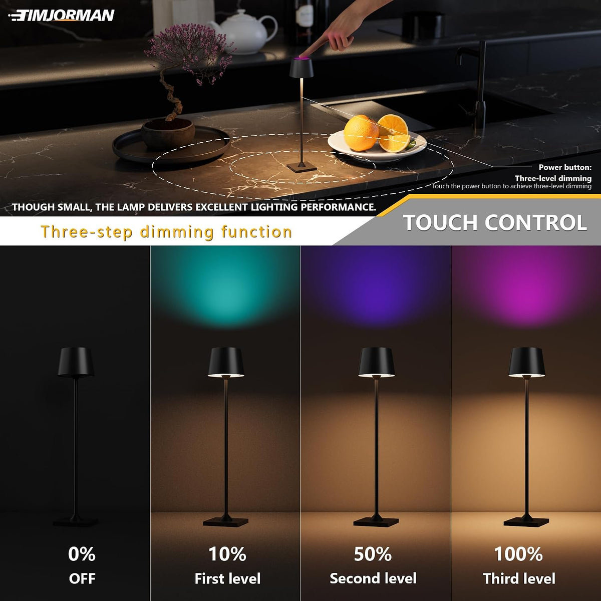 Compact Cordless Table Lamp, Rechargeable LED Night Light, Dual Light Source (RGB Top & Warm Bottom), Touch Control & Timer, Metal Lamp for Bedroom & Kids Room (Black 1pack)