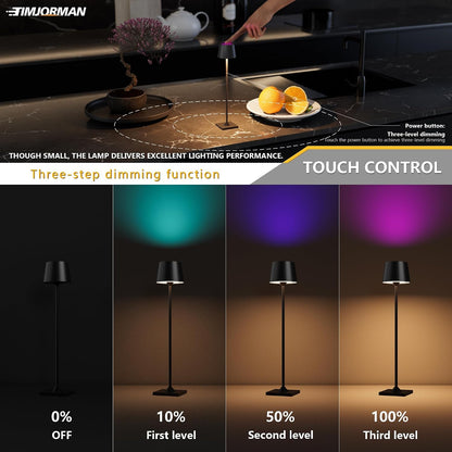 Compact Cordless Table Lamp, Rechargeable LED Night Light, Dual Light Source (RGB Top & Warm Bottom), Touch Control & Timer, Metal Lamp for Bedroom & Kids Room (Black 1pack)