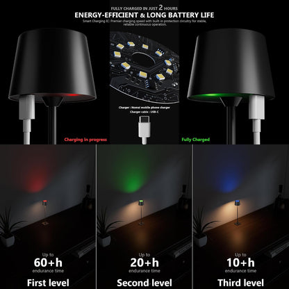 Compact Cordless Table Lamp, Rechargeable LED Night Light, Dual Light Source (RGB Top & Warm Bottom), Touch Control & Timer, Metal Lamp for Bedroom & Kids Room (Black 1pack)