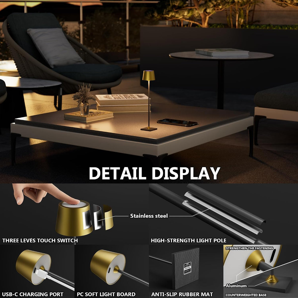 Compact Cordless Table Lamp, Rechargeable LED Night Light, Dual Light Source (RGB Top & Warm Bottom), Touch Control & Timer, Metal Lamp for Bedroom & Kids Room (Black 1pack)