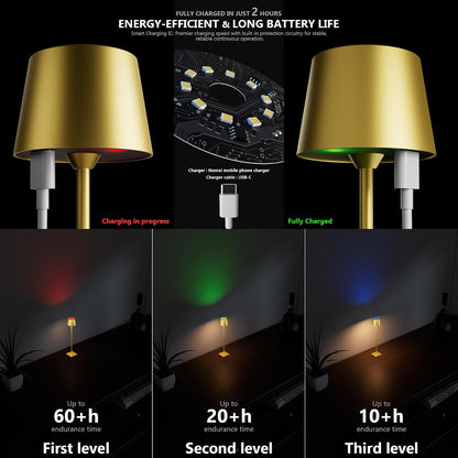Compact Cordless Table Lamp, Rechargeable LED Night Light, Dual Light Source (RGB Top & Warm Bottom), Touch Control & Timer, Metal Lamp for Bedroom & Kids Room (Black 1pack)