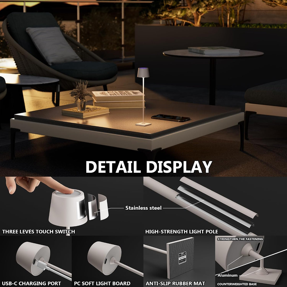 Compact Cordless Table Lamp, Rechargeable LED Night Light, Dual Light Source (RGB Top & Warm Bottom), Touch Control & Timer, Metal Lamp for Bedroom & Kids Room (Black 1pack)