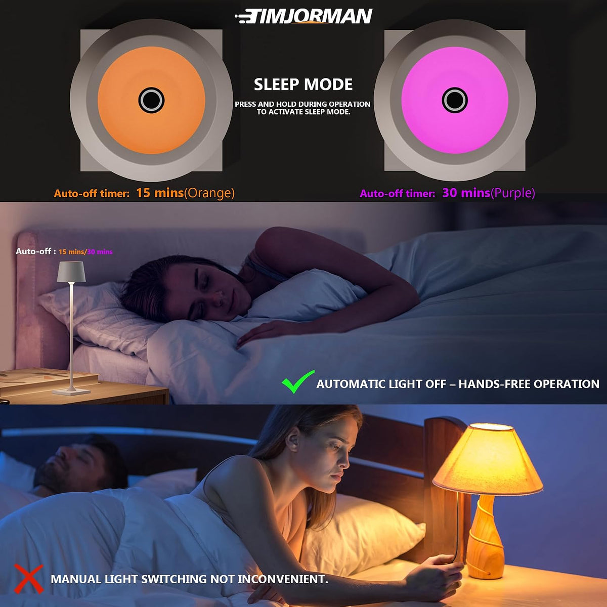 Compact Cordless Table Lamp, Rechargeable LED Night Light, Dual Light Source (RGB Top & Warm Bottom), Touch Control & Timer, Metal Lamp for Bedroom & Kids Room (Black 1pack)