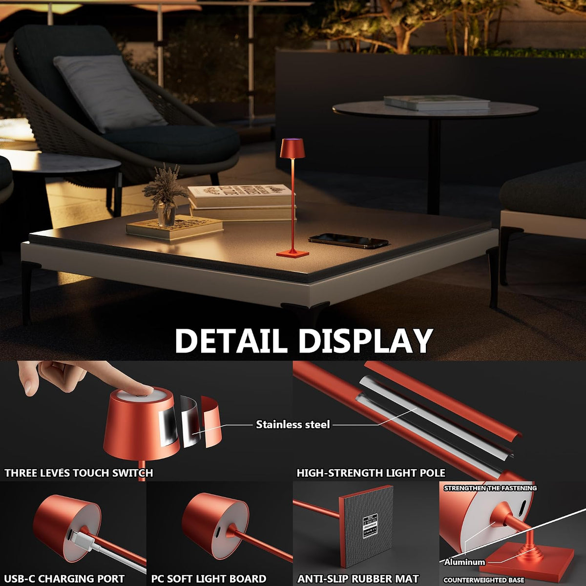 Compact Cordless Table Lamp, Rechargeable LED Night Light, Dual Light Source (RGB Top & Warm Bottom), Touch Control & Timer, Metal Lamp for Bedroom & Kids Room (Black 1pack)