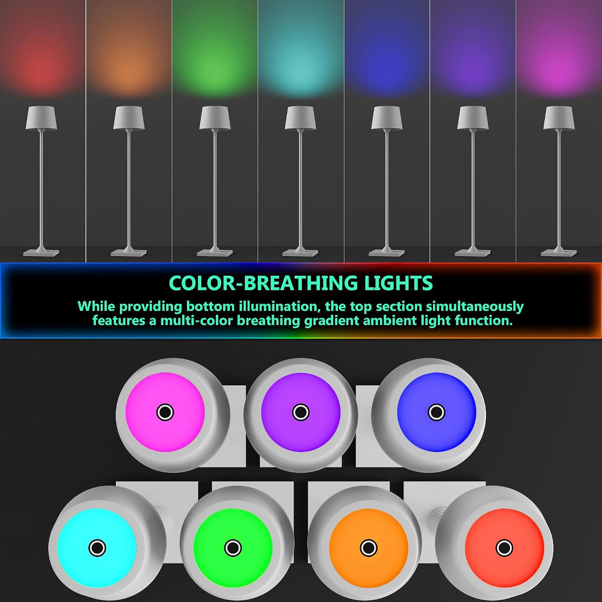 Compact Cordless Table Lamp, Rechargeable LED Night Light, Dual Light Source (RGB Top & Warm Bottom), Touch Control & Timer, Metal Lamp for Bedroom & Kids Room (Black 1pack)