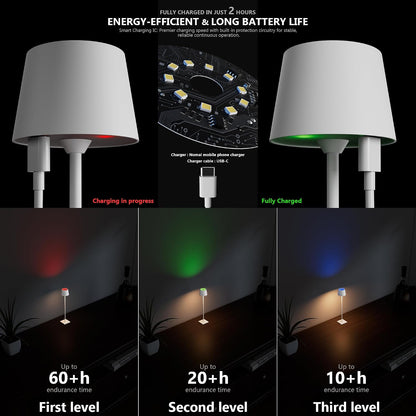Compact Cordless Table Lamp, Rechargeable LED Night Light, Dual Light Source (RGB Top & Warm Bottom), Touch Control & Timer, Metal Lamp for Bedroom & Kids Room (Black 1pack)