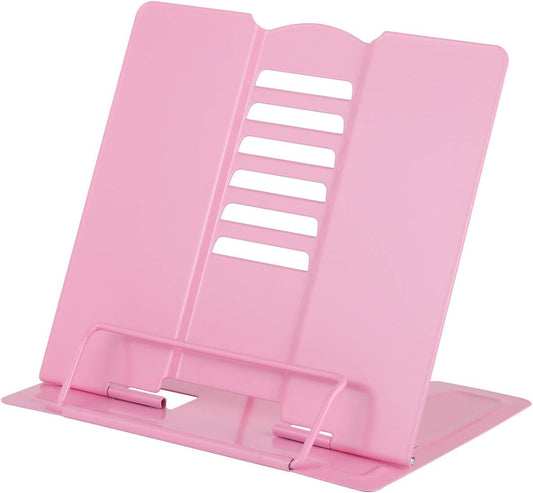 Desk Book Stand Holder - Hands Free, Adjustable Metal Stand, Foldable Portable Bookstand - Cookbook, Recipe, Tablet, Music, Documents (Pink)