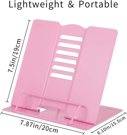 Desk Book Stand Holder - Hands Free, Adjustable Metal Stand, Foldable Portable Bookstand - Cookbook, Recipe, Tablet, Music, Documents (Pink)