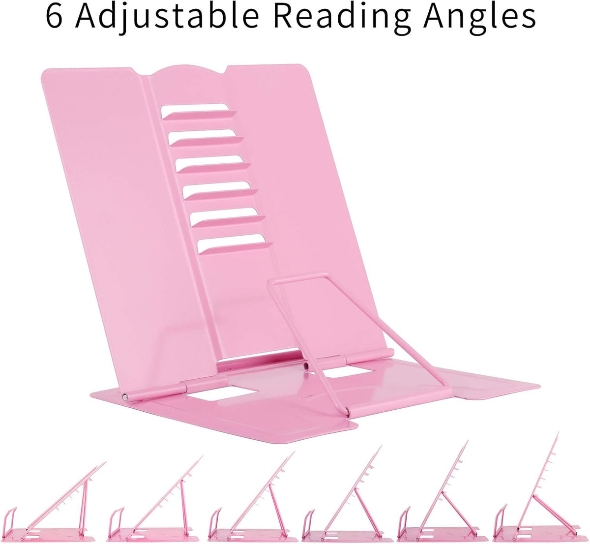 Desk Book Stand Holder - Hands Free, Adjustable Metal Stand, Foldable Portable Bookstand - Cookbook, Recipe, Tablet, Music, Documents (Pink)