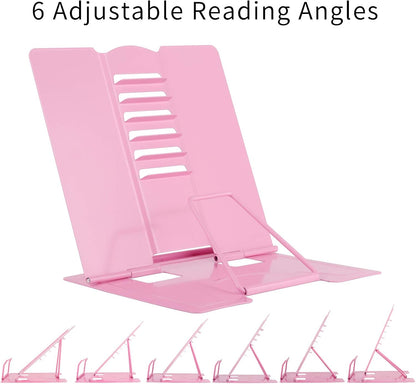 Desk Book Stand Holder - Hands Free, Adjustable Metal Stand, Foldable Portable Bookstand - Cookbook, Recipe, Tablet, Music, Documents (Pink)