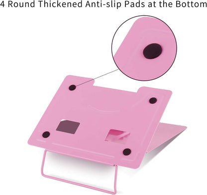 Desk Book Stand Holder - Hands Free, Adjustable Metal Stand, Foldable Portable Bookstand - Cookbook, Recipe, Tablet, Music, Documents (Pink)