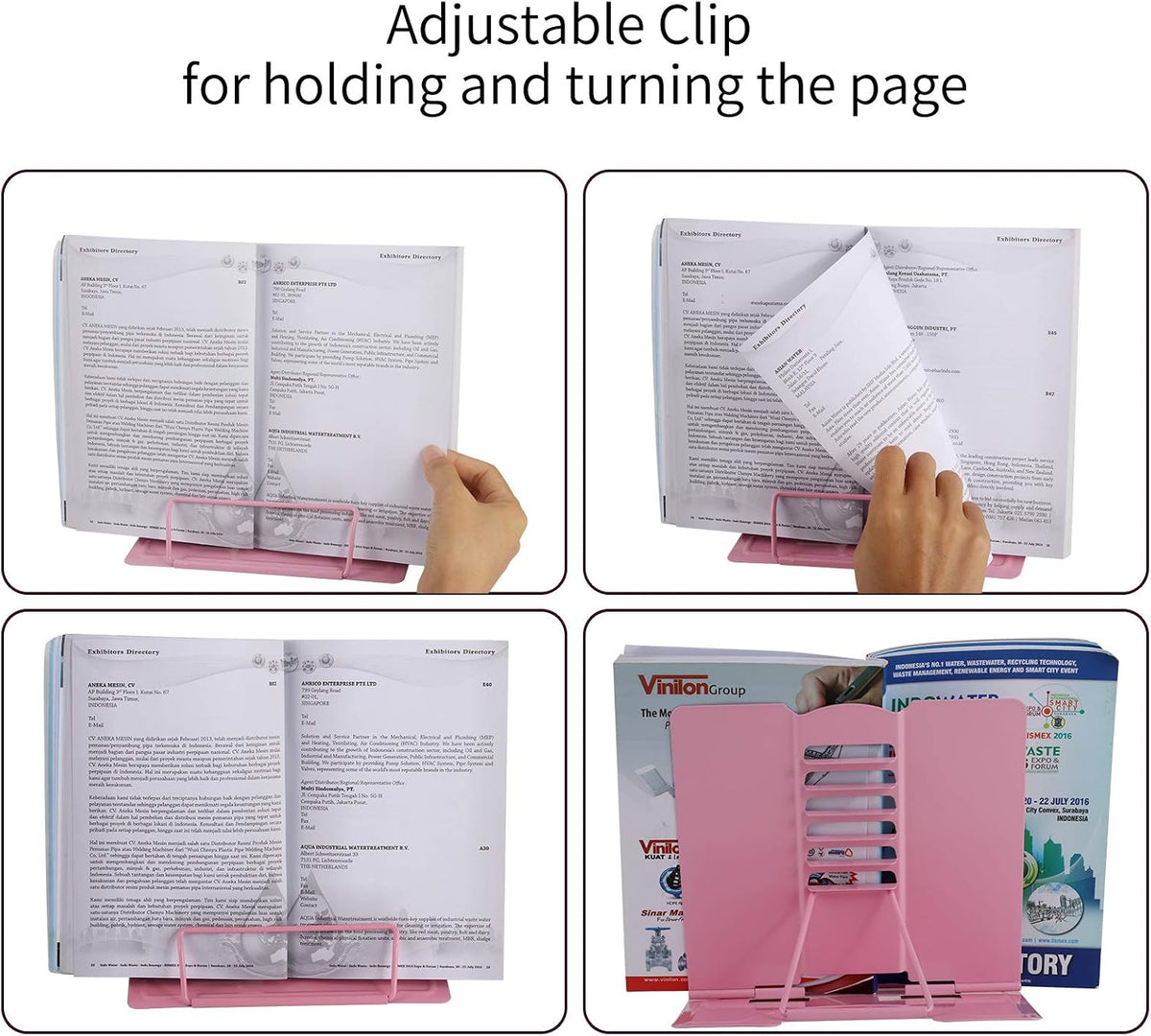 Desk Book Stand Holder - Hands Free, Adjustable Metal Stand, Foldable Portable Bookstand - Cookbook, Recipe, Tablet, Music, Documents (Pink)