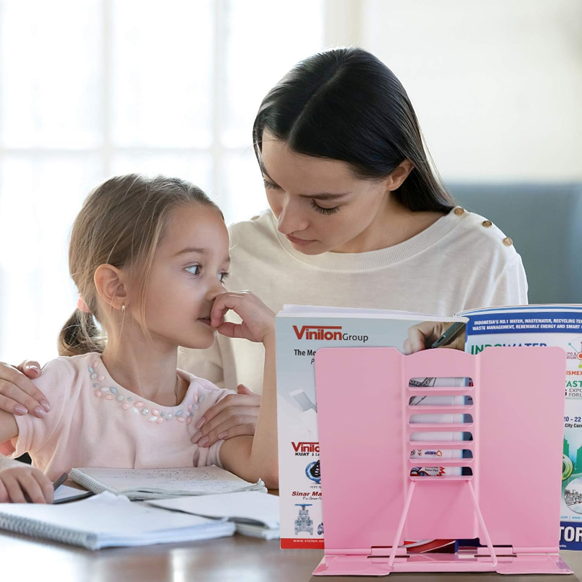 Desk Book Stand Holder - Hands Free, Adjustable Metal Stand, Foldable Portable Bookstand - Cookbook, Recipe, Tablet, Music, Documents (Pink)