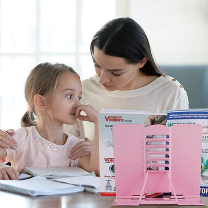 Desk Book Stand Holder - Hands Free, Adjustable Metal Stand, Foldable Portable Bookstand - Cookbook, Recipe, Tablet, Music, Documents (Pink)