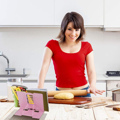 Desk Book Stand Holder - Hands Free, Adjustable Metal Stand, Foldable Portable Bookstand - Cookbook, Recipe, Tablet, Music, Documents (Pink)