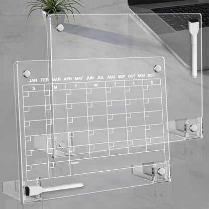 2PCS Clear Acrylic Calendar Dry Erase Board with Stand for Desk, 16x12 Large Desktop Monthly Whiteboard Magnetic Memo Board for Fridge, Office, School, Home