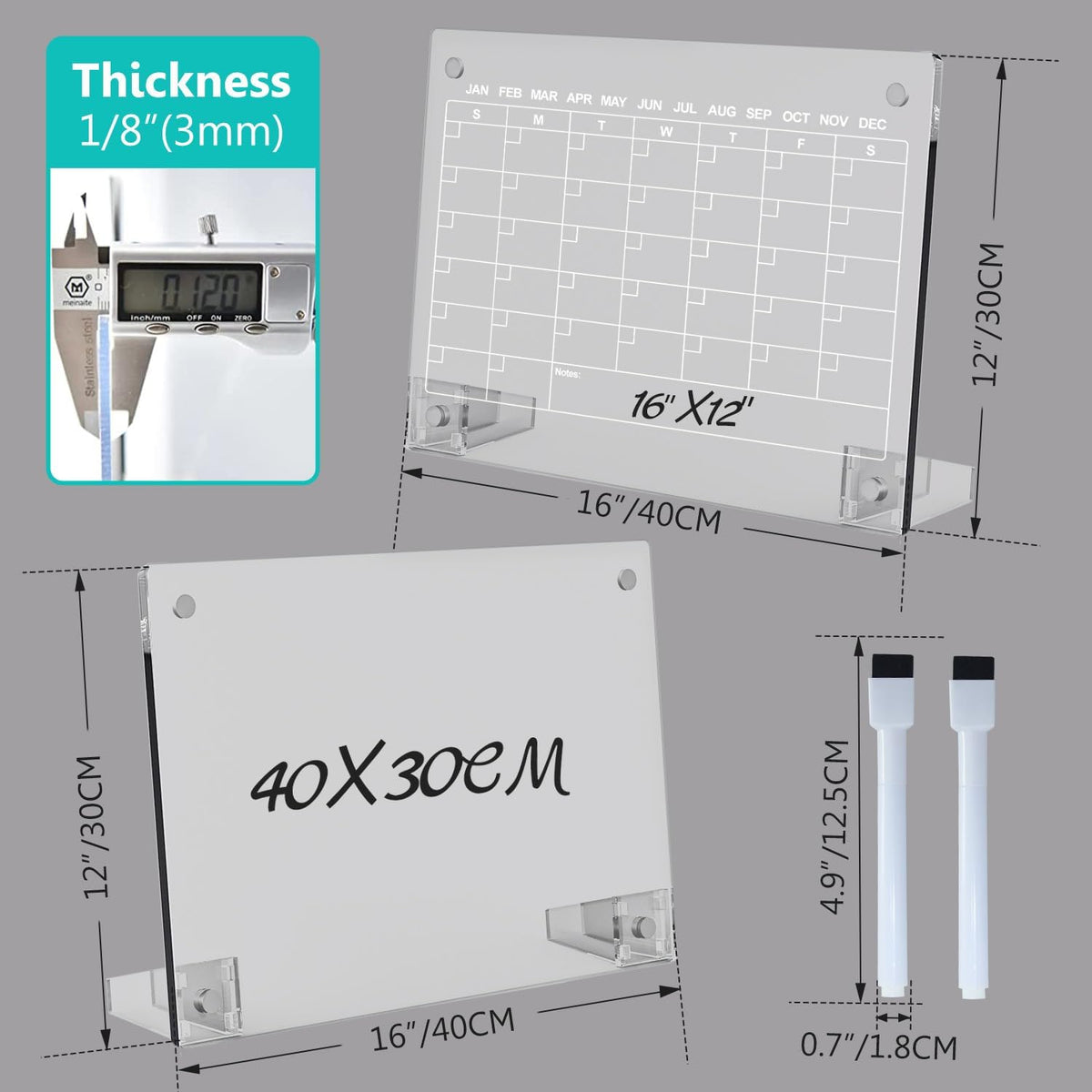 2PCS Clear Acrylic Calendar Dry Erase Board with Stand for Desk, 16x12 Large Desktop Monthly Whiteboard Magnetic Memo Board for Fridge, Office, School, Home