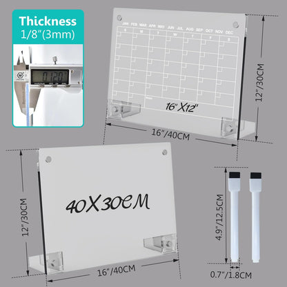 2PCS Clear Acrylic Calendar Dry Erase Board with Stand for Desk, 16x12 Large Desktop Monthly Whiteboard Magnetic Memo Board for Fridge, Office, School, Home