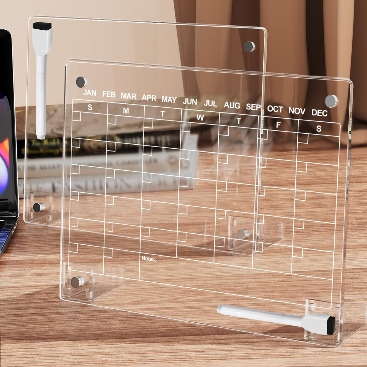 2PCS Clear Acrylic Calendar Dry Erase Board with Stand for Desk, 16x12 Large Desktop Monthly Whiteboard Magnetic Memo Board for Fridge, Office, School, Home